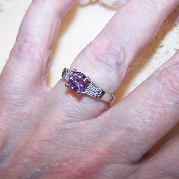 Sterling Silver Lavender Clear Cubic Zirconia CZ Engagement Ring - Size 7 - Picture 3 of 10